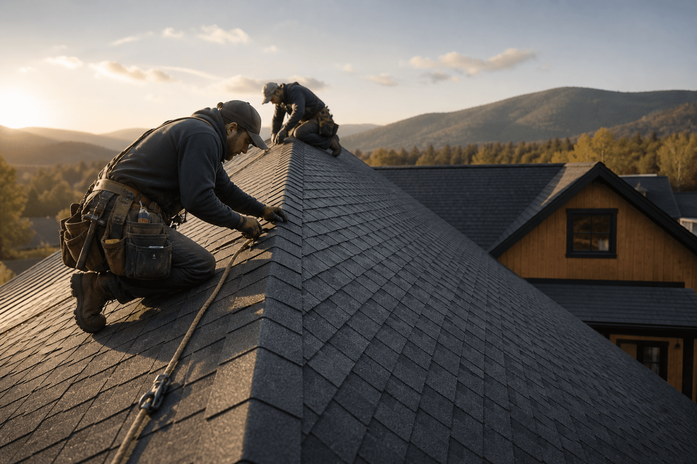 Roofing crew working on a residential roof at golden hour