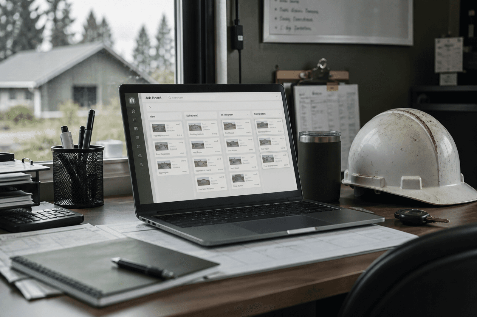 Office desk with a job board open on a laptop beside a hard hat